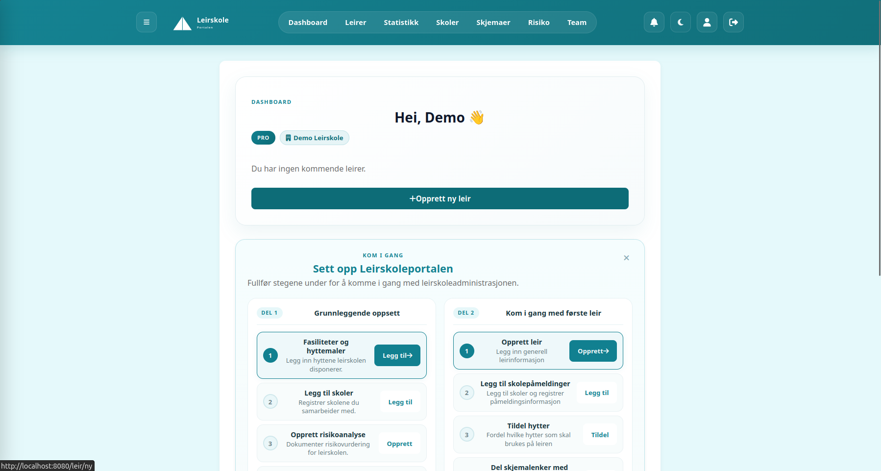 Dashboard-skjermbilde fra Leirskoleportalen